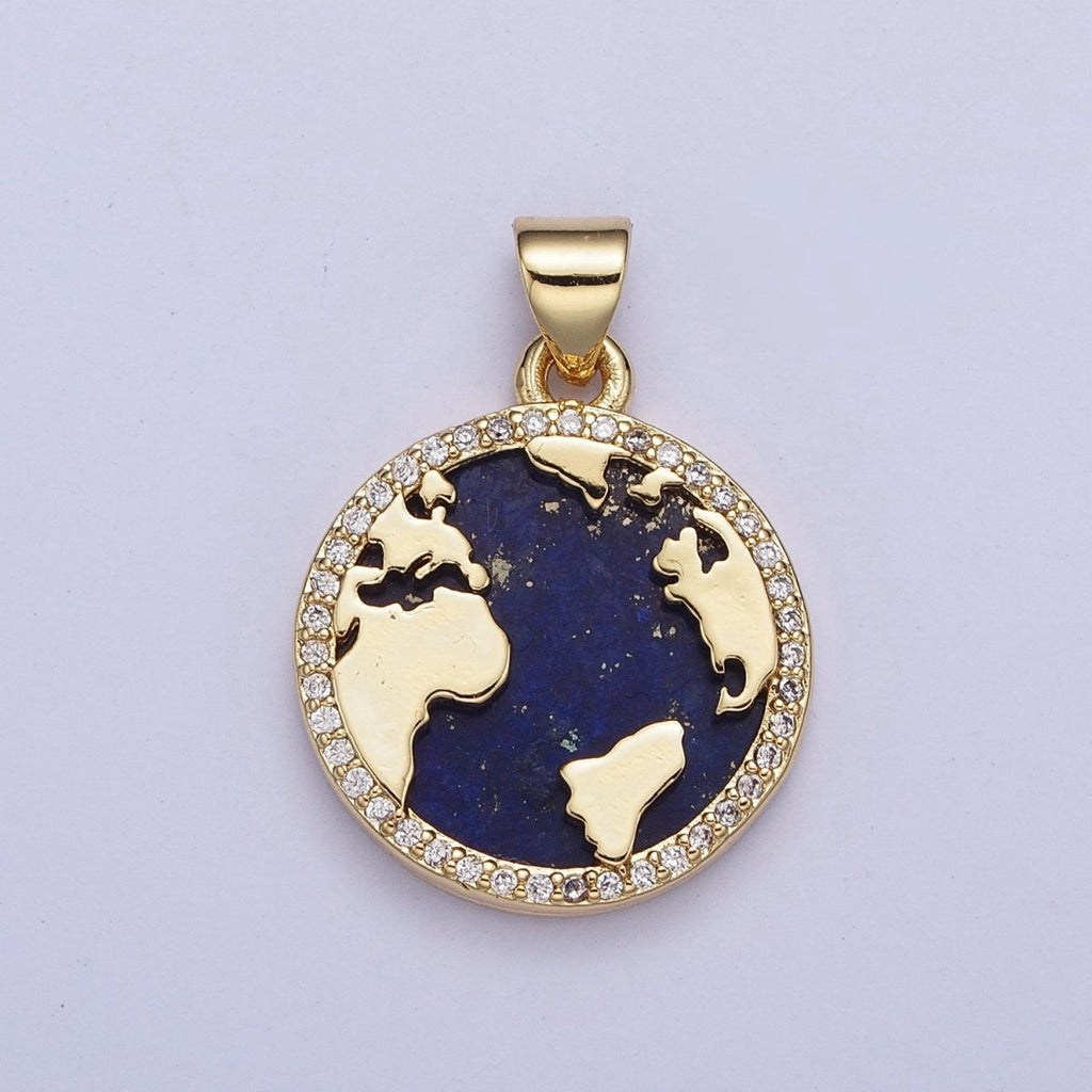 24K Gold plated Micro Pave CZ Blue Lapiz Globe World Map Medallion Pendant For Traveler Gift X-426 - DLUXCA