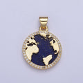 24K Gold plated Micro Pave CZ Blue Lapiz Globe World Map Medallion Pendant For Traveler Gift X-426 - DLUXCA