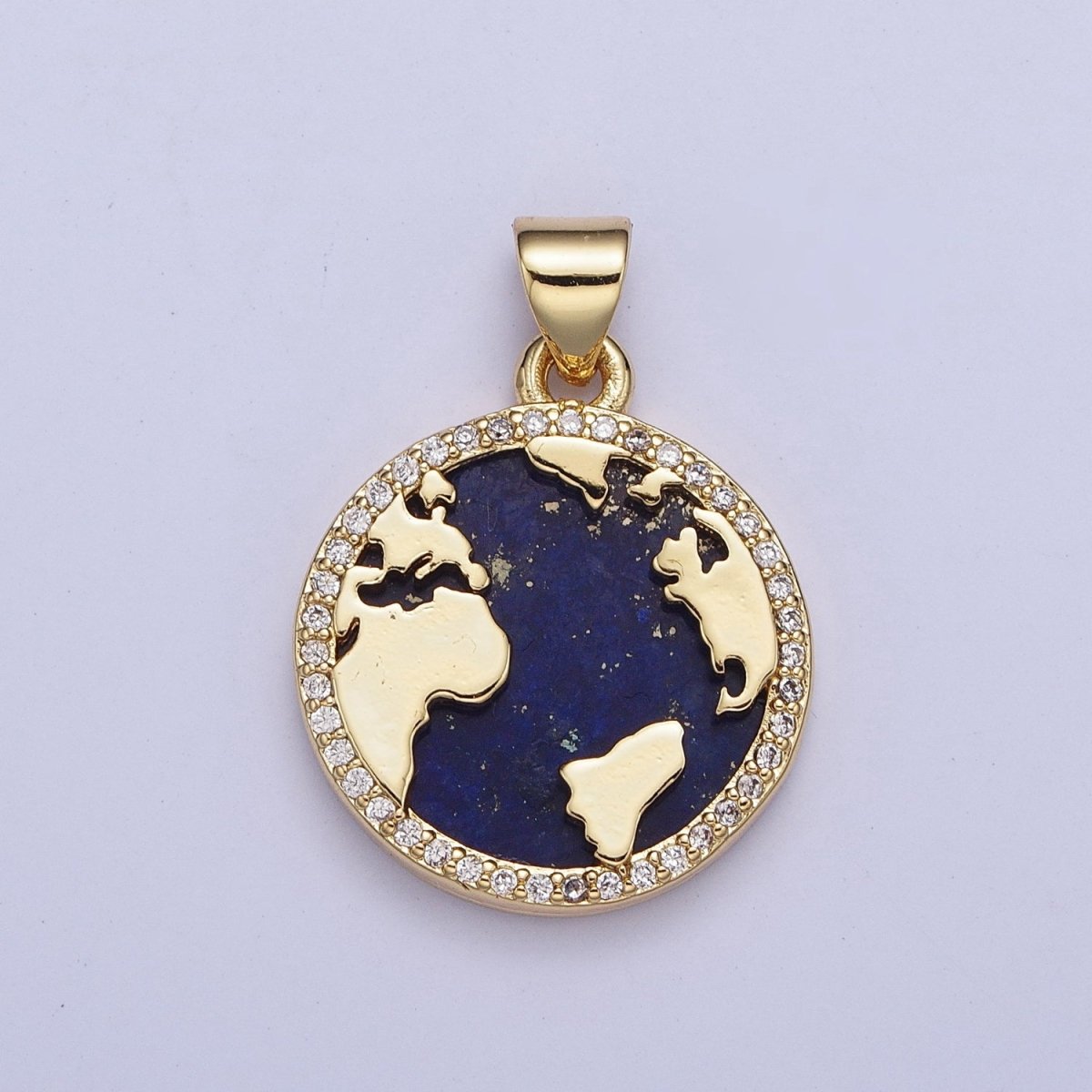 24K Gold plated Micro Pave CZ Blue Lapiz Globe World Map Medallion Pendant For Traveler Gift X-426 - DLUXCA
