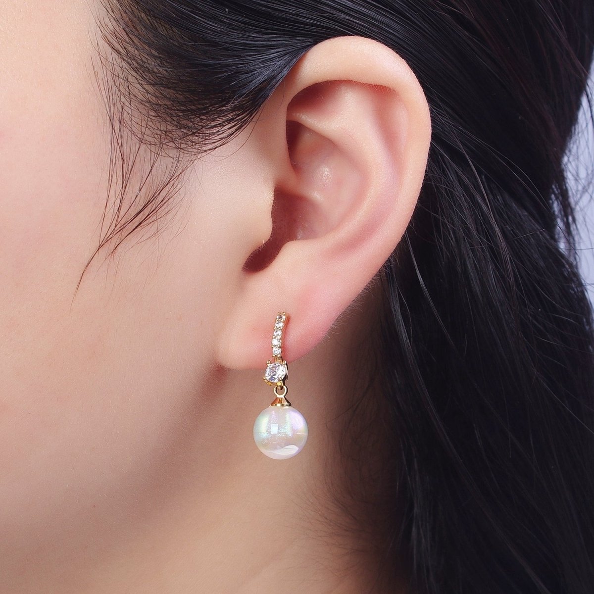 24K Gold plated Micro Pave CZ Crystal Huggie Small Hoop Earrings with Round AB Color Ball X823 - DLUXCA