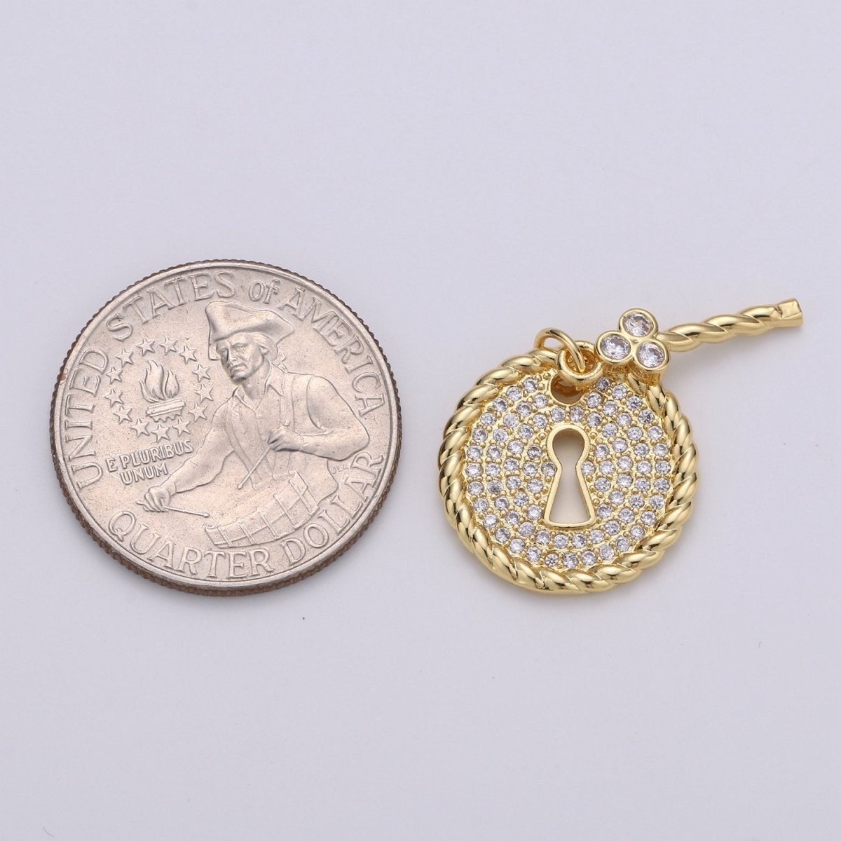24k Gold plated Micro Pave CZ Heart Key Pendant Charm, Micro Pave CZ Key Pendant Charm, Gold plated Lock Pendant, For DIY Jewelry D-362 - DLUXCA