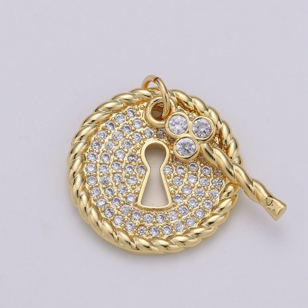 24k Gold plated Micro Pave CZ Heart Key Pendant Charm, Micro Pave CZ Key Pendant Charm, Gold plated Lock Pendant, For DIY Jewelry D-362 - DLUXCA