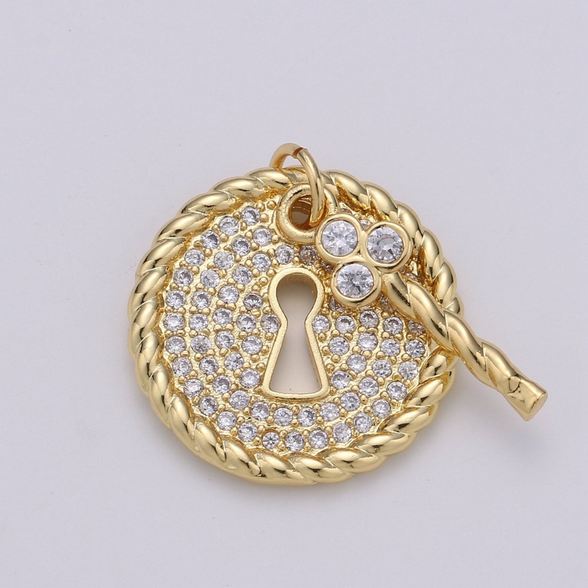 24k Gold plated Micro Pave CZ Heart Key Pendant Charm, Micro Pave CZ Key Pendant Charm, Gold plated Lock Pendant, For DIY Jewelry D-362 - DLUXCA