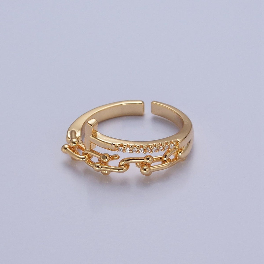 24K Gold plated Micro Pave CZ Open T Ring with Ball Link Chain Ring O-2277 O-2278