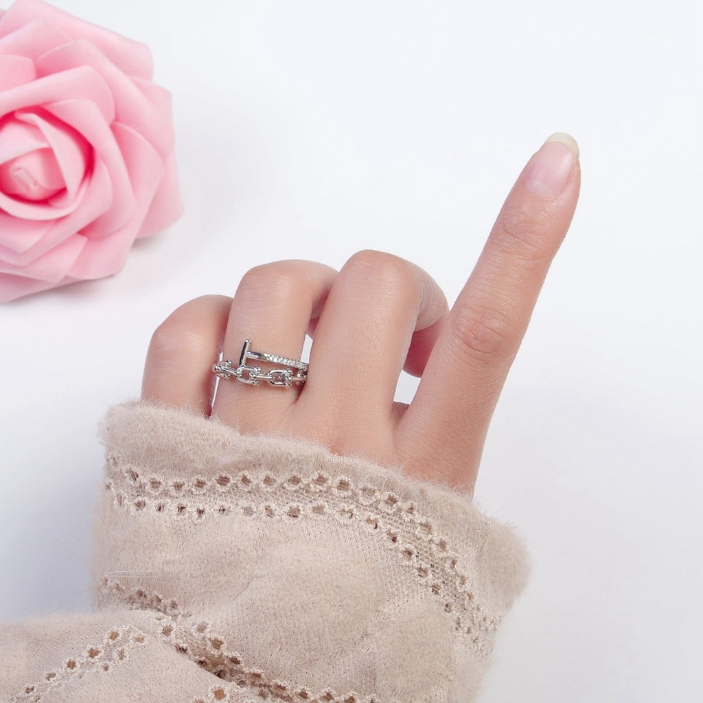 24K Gold plated Micro Pave CZ Open T Ring with Ball Link Chain Ring O-2277 O-2278