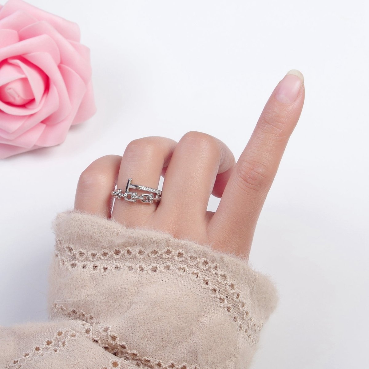 24K Gold plated Micro Pave CZ Open T Ring with Ball Link Chain Ring O-2277 O-2278