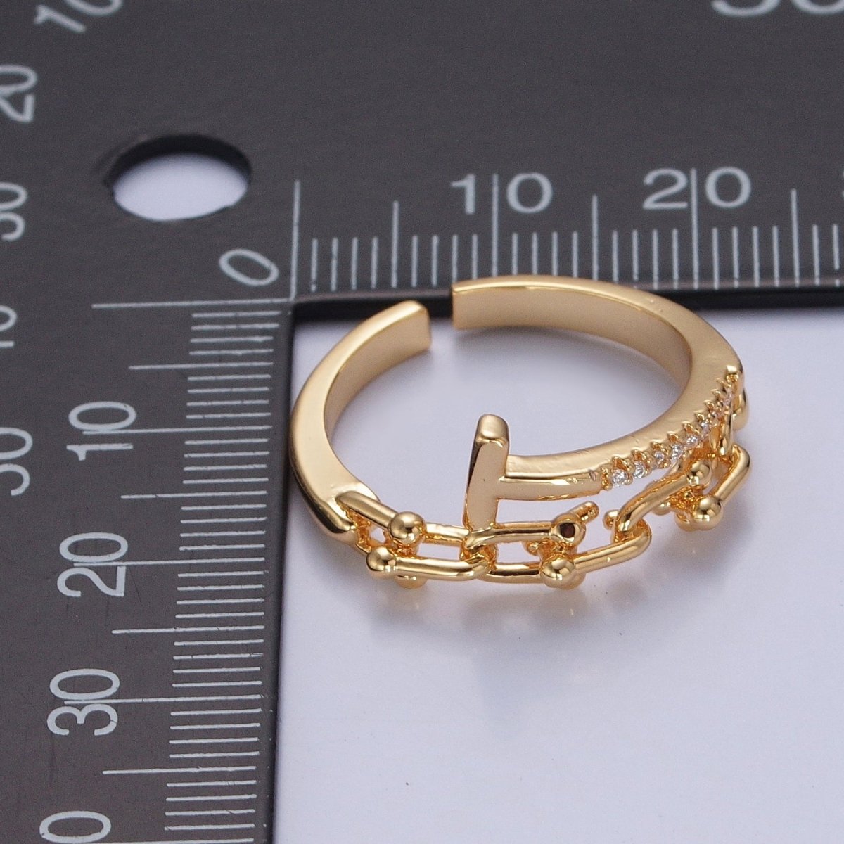 24K Gold plated Micro Pave CZ Open T Ring with Ball Link Chain Ring O-2277 O-2278