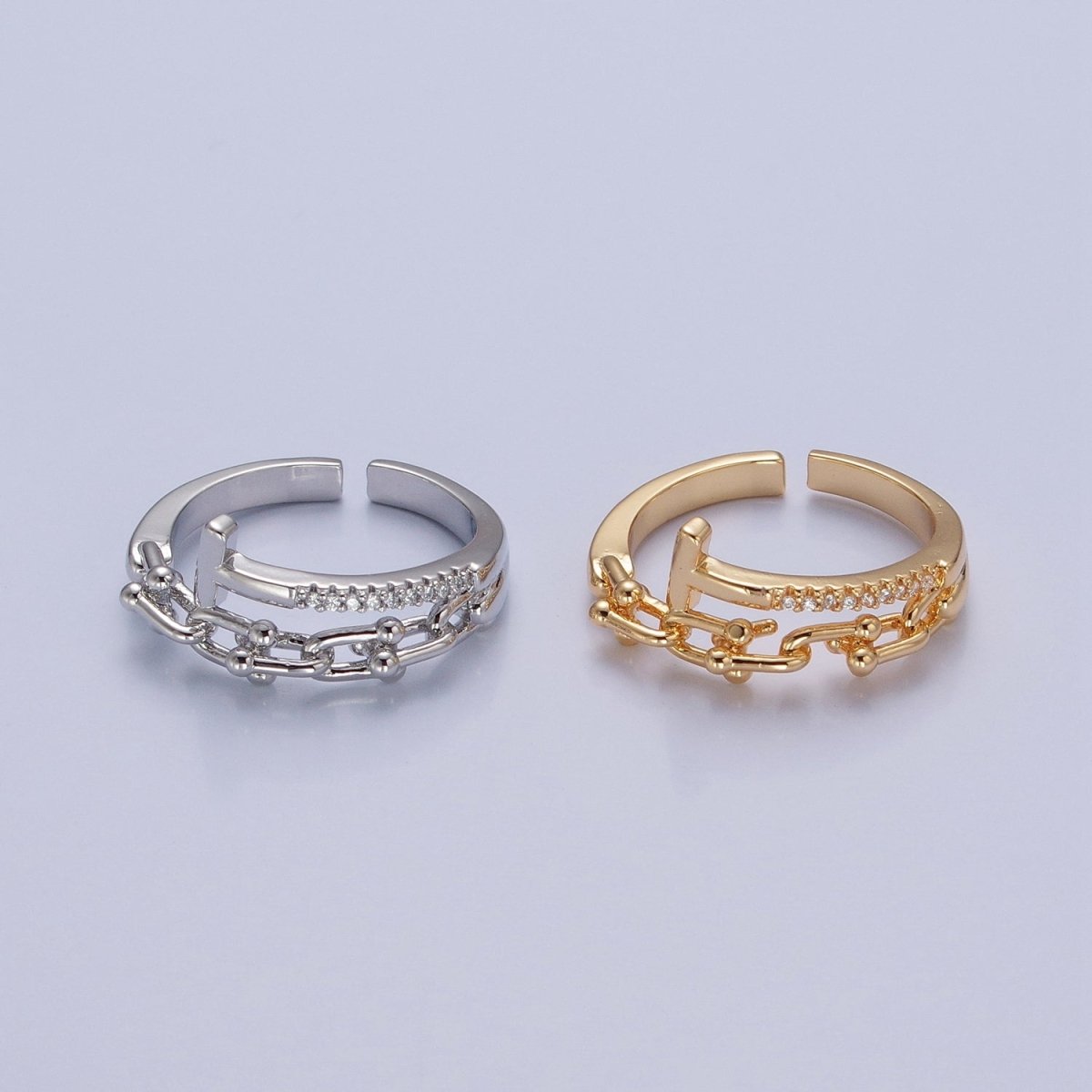 24K Gold plated Micro Pave CZ Open T Ring with Ball Link Chain Ring O-2277 O-2278