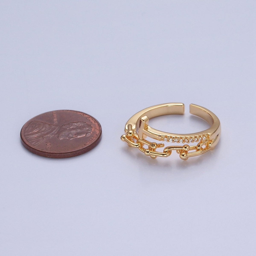 24K Gold plated Micro Pave CZ Open T Ring with Ball Link Chain Ring O-2277 O-2278