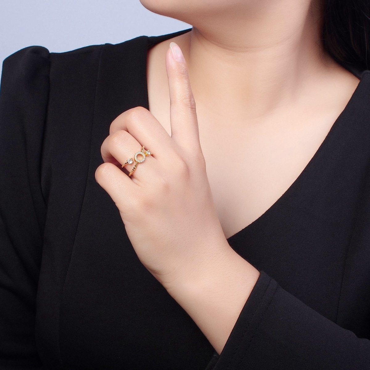 24K Gold plated Micro Pave CZ Round Double Band Ring in Silver & Gold O-2279 O-2280 - DLUXCA