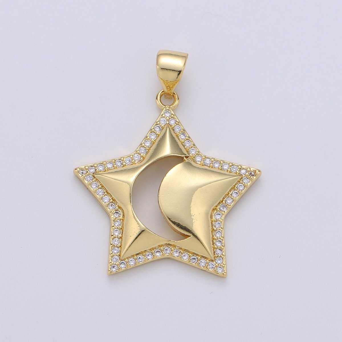 24k Gold plated Micro Pave CZ Star Pendant Charm, Crescent moon Pendant Charm, Gold plated Celestial Pendant, For DIY Jewelry Making I-725 - DLUXCA