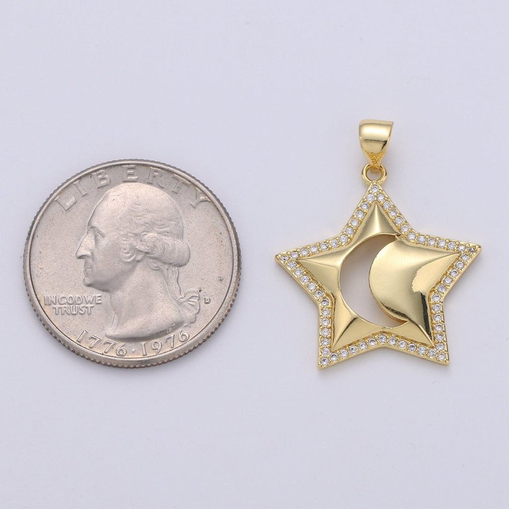24k Gold plated Micro Pave CZ Star Pendant Charm, Crescent moon Pendant Charm, Gold plated Celestial Pendant, For DIY Jewelry Making I-725 - DLUXCA
