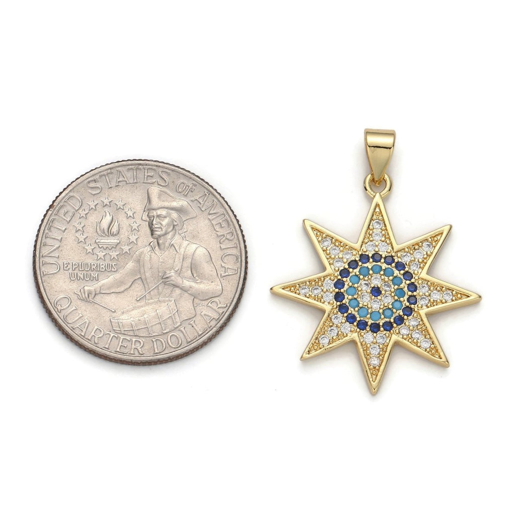 24k Gold plated Micro Pave CZ Star Solar Pendant Charm, Micro Pave CZ Star Solar Pendant Charm, For DIY Jewelry I-623 - DLUXCA