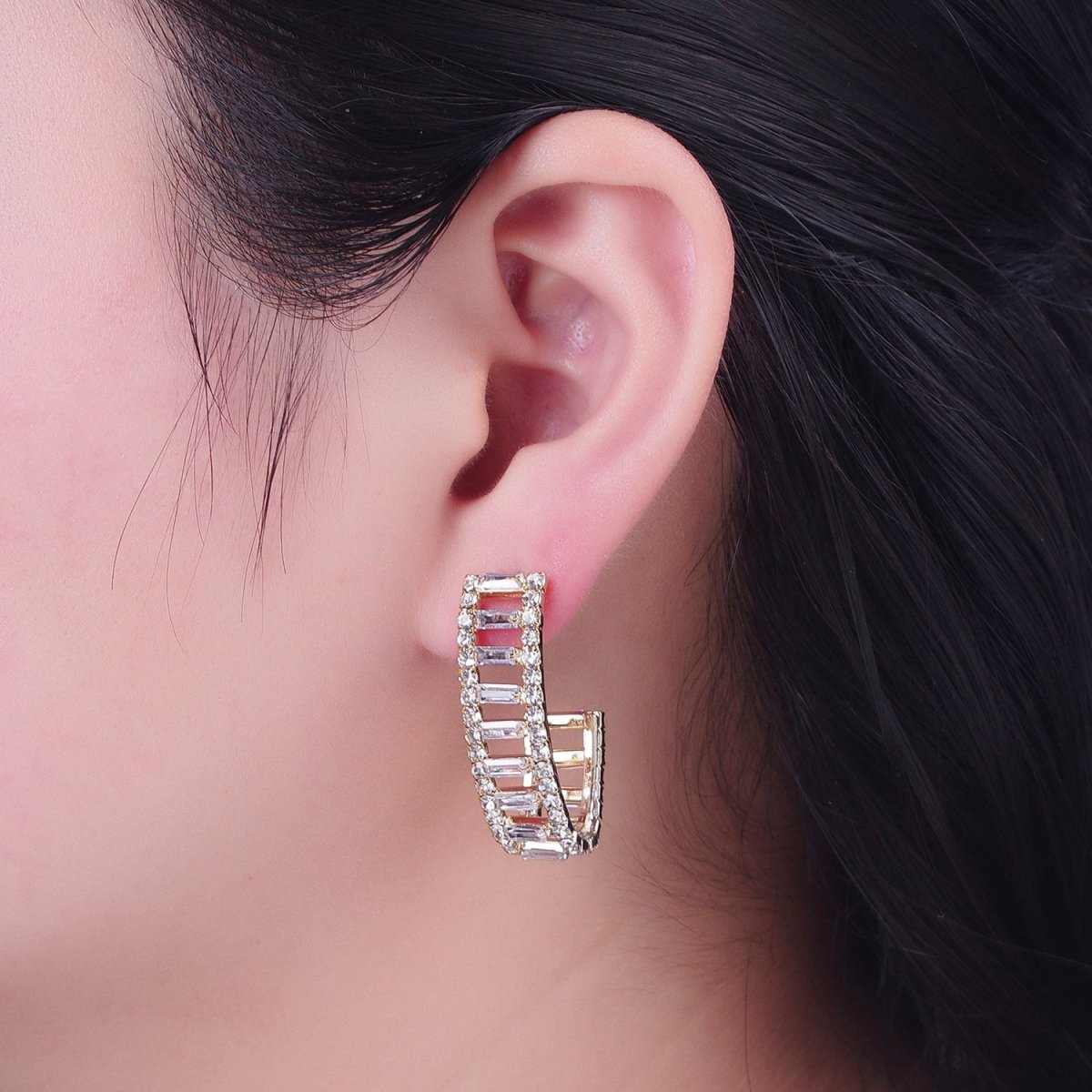 24K Gold plated Micro Pave Double Band Baguette C Shaped Stud Earrings P-318 - DLUXCA