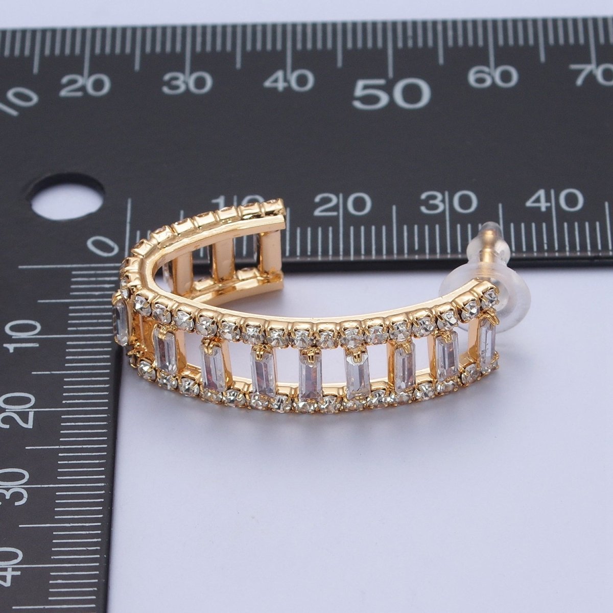 24K Gold plated Micro Pave Double Band Baguette C Shaped Stud Earrings P-318 - DLUXCA