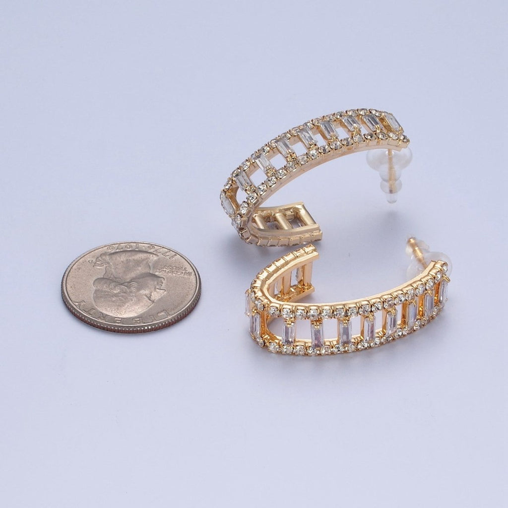 24K Gold plated Micro Pave Double Band Baguette C Shaped Stud Earrings P-318 - DLUXCA