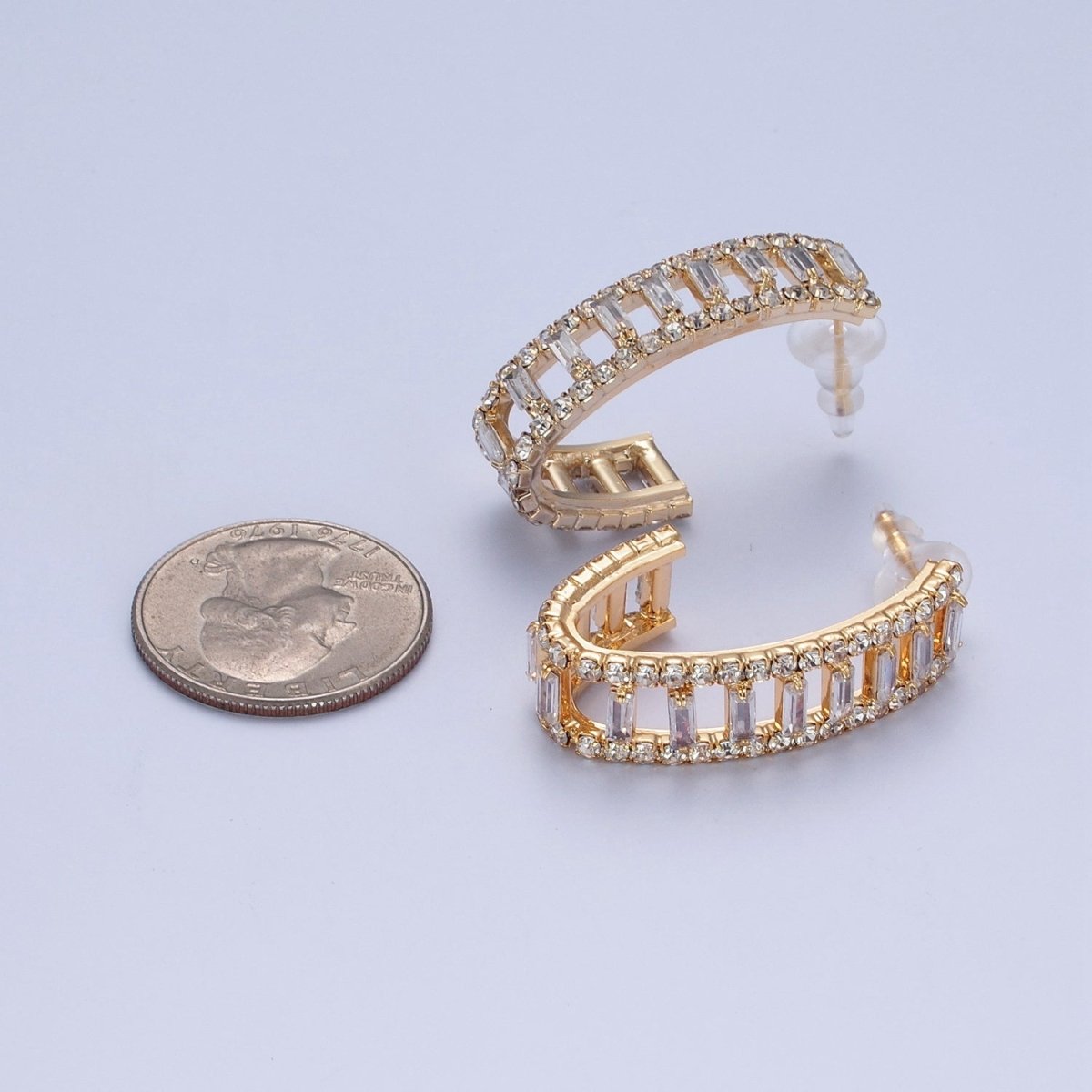 24K Gold plated Micro Pave Double Band Baguette C Shaped Stud Earrings P-318 - DLUXCA