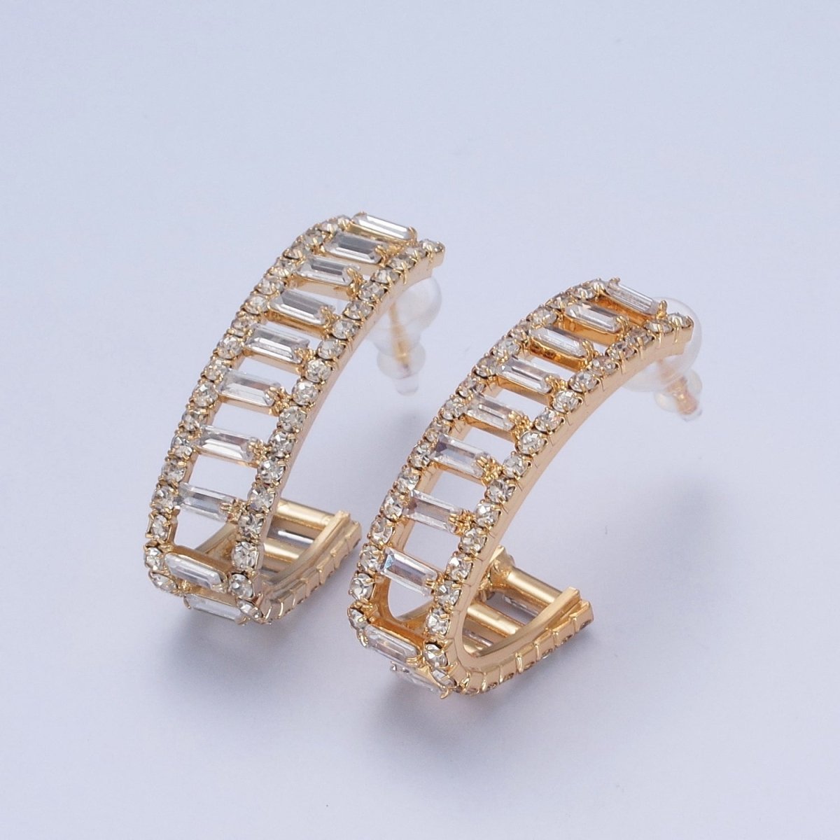 24K Gold plated Micro Pave Double Band Baguette C Shaped Stud Earrings P-318 - DLUXCA