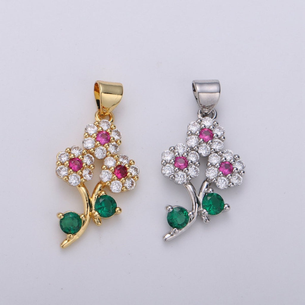 24K Gold plated Micro Pave Flower Charm, Silver Small Cubic Flower Charm Multi Color Pendant for necklace earring bracelet Component I-601 I-602