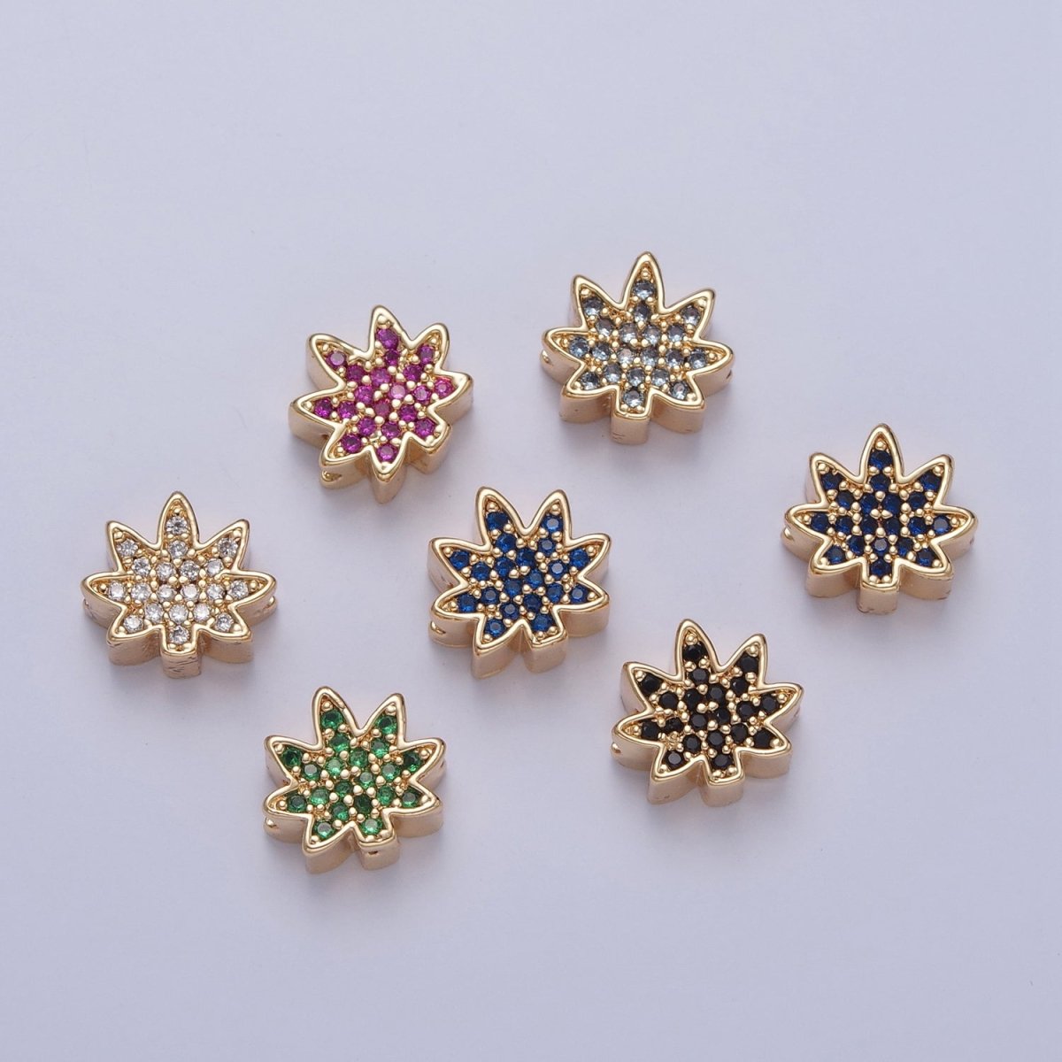 24K Gold plated Micro Pave Forest Leaf Bead, Multicolor CZ Cubic Zirconia Mother Nature Plant Leaves W-892-W-897