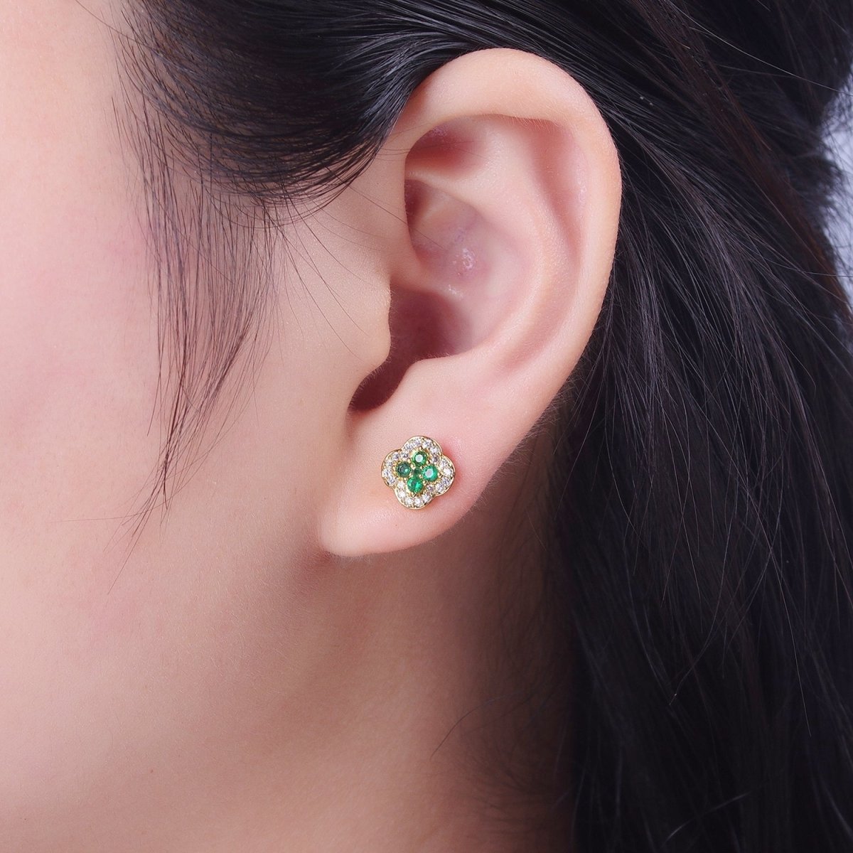 24K Gold plated Micro Pave Green & Clear Cubic Zirconia Lucky Clover Leaf Stud Earrings | X-860 - DLUXCA
