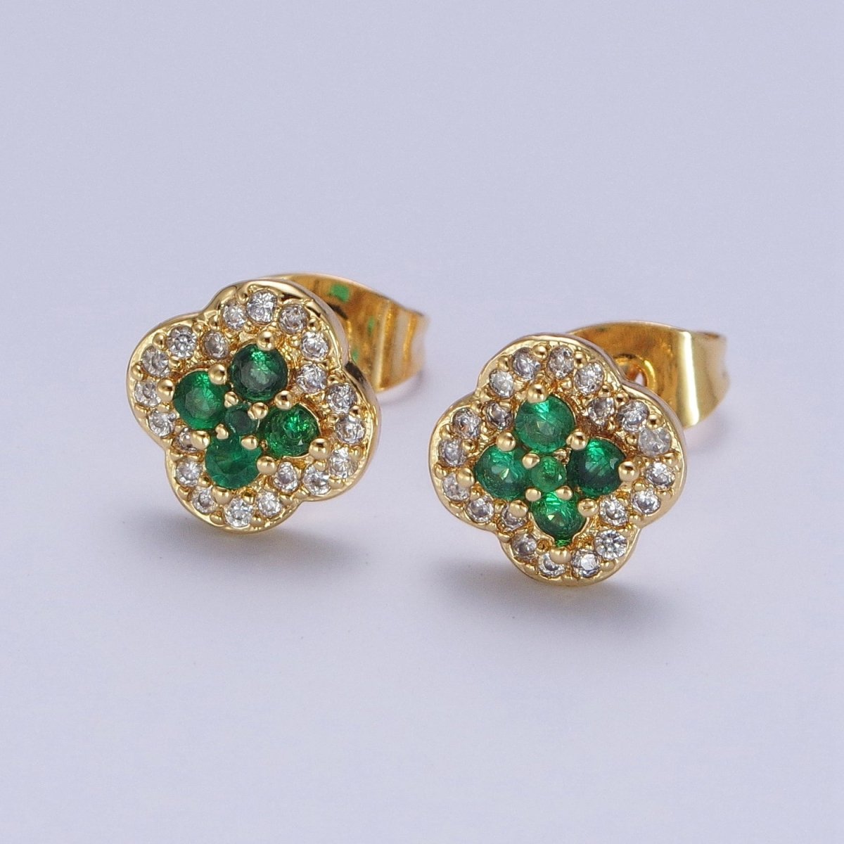 24K Gold plated Micro Pave Green & Clear Cubic Zirconia Lucky Clover Leaf Stud Earrings | X-860 - DLUXCA