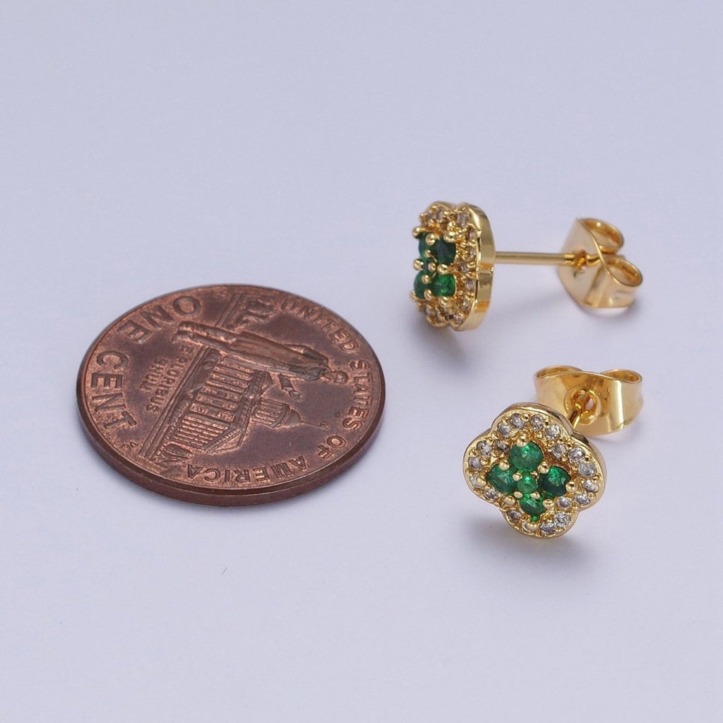 24K Gold plated Micro Pave Green & Clear Cubic Zirconia Lucky Clover Leaf Stud Earrings | X-860 - DLUXCA