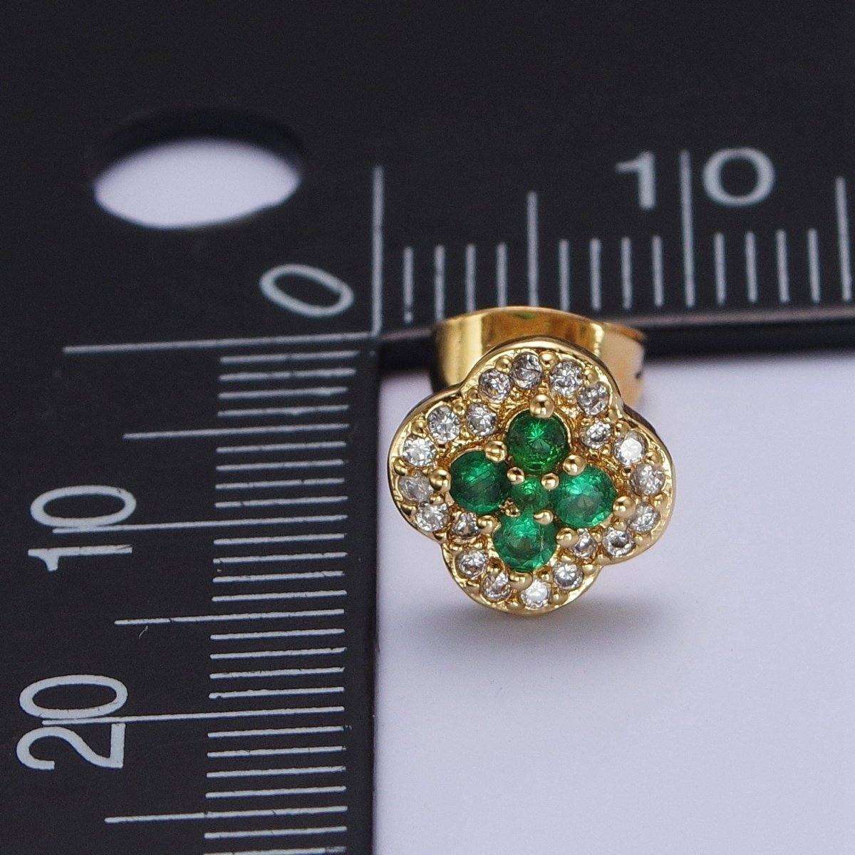 24K Gold plated Micro Pave Green & Clear Cubic Zirconia Lucky Clover Leaf Stud Earrings | X-860 - DLUXCA