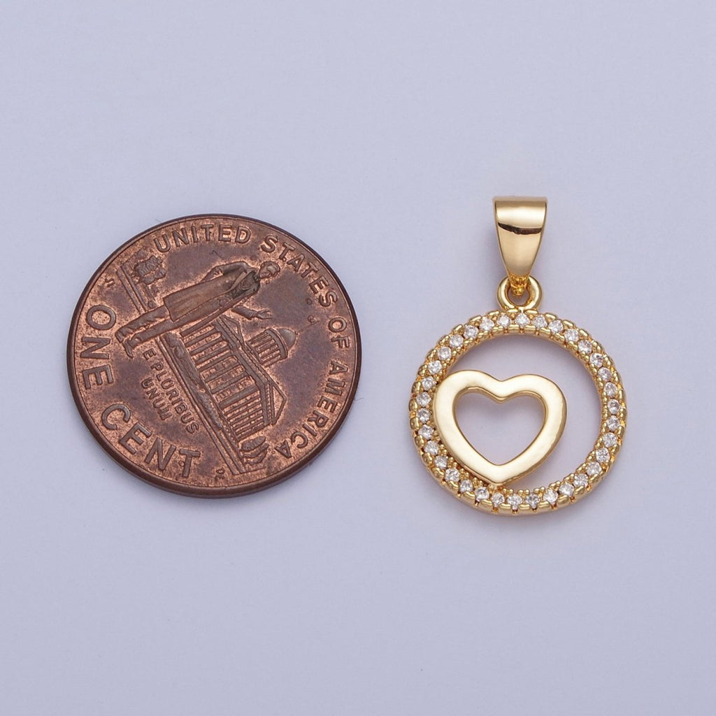 24K Gold plated Micro Pave Heart Love Round Open Medallion Pendant For Jewelry Making X-448 - DLUXCA