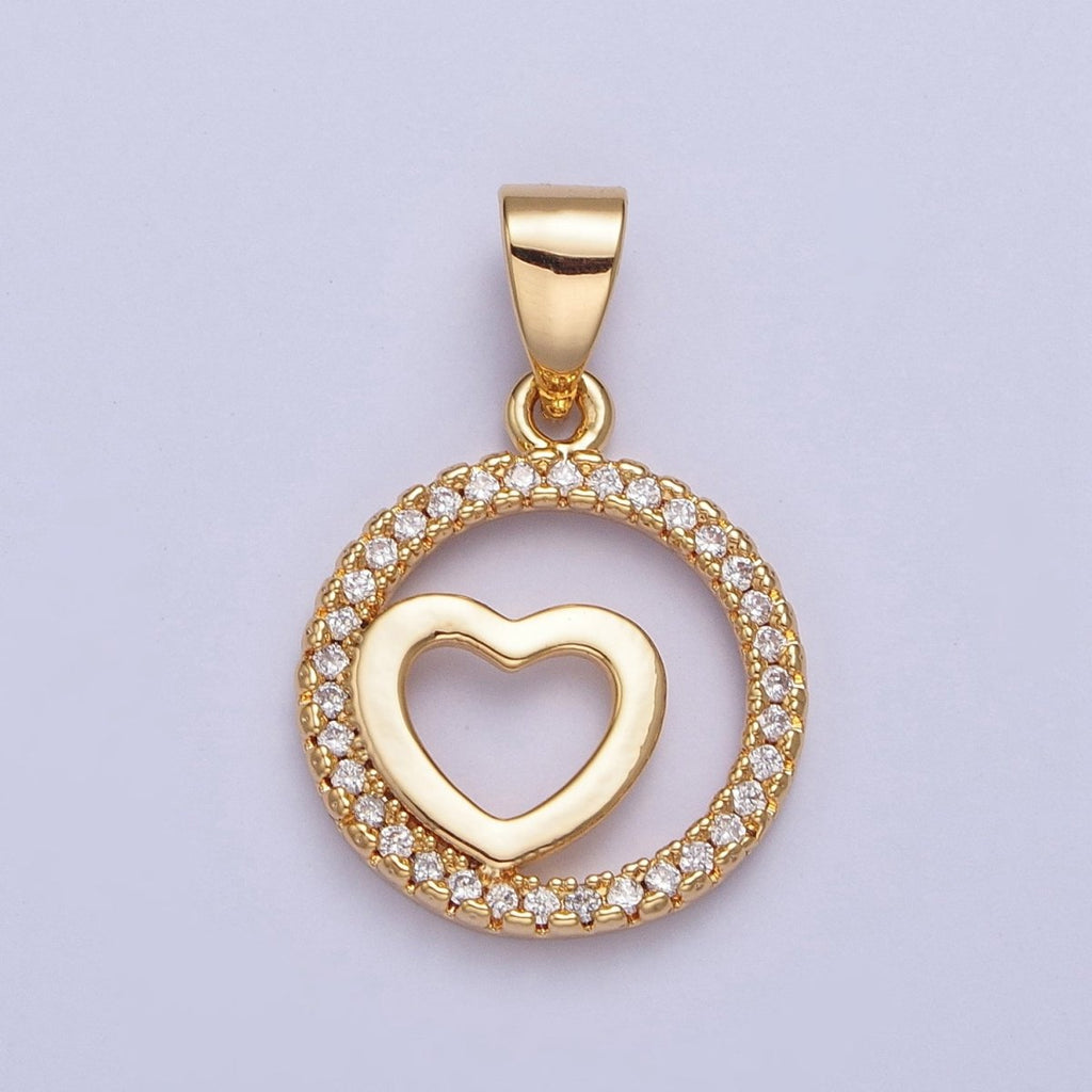 24K Gold plated Micro Pave Heart Love Round Open Medallion Pendant For Jewelry Making X-448 - DLUXCA