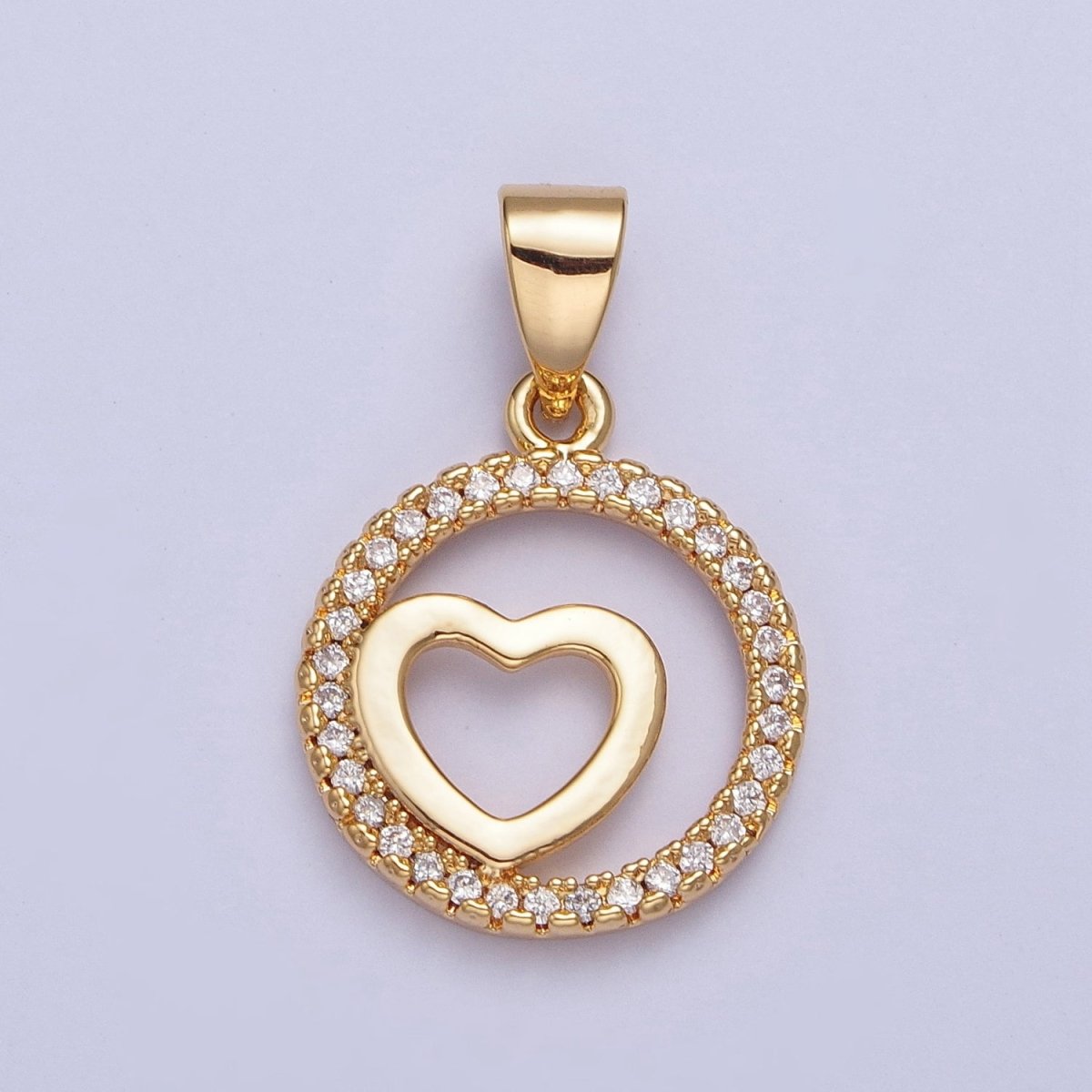 24K Gold plated Micro Pave Heart Love Round Open Medallion Pendant For Jewelry Making X-448 - DLUXCA