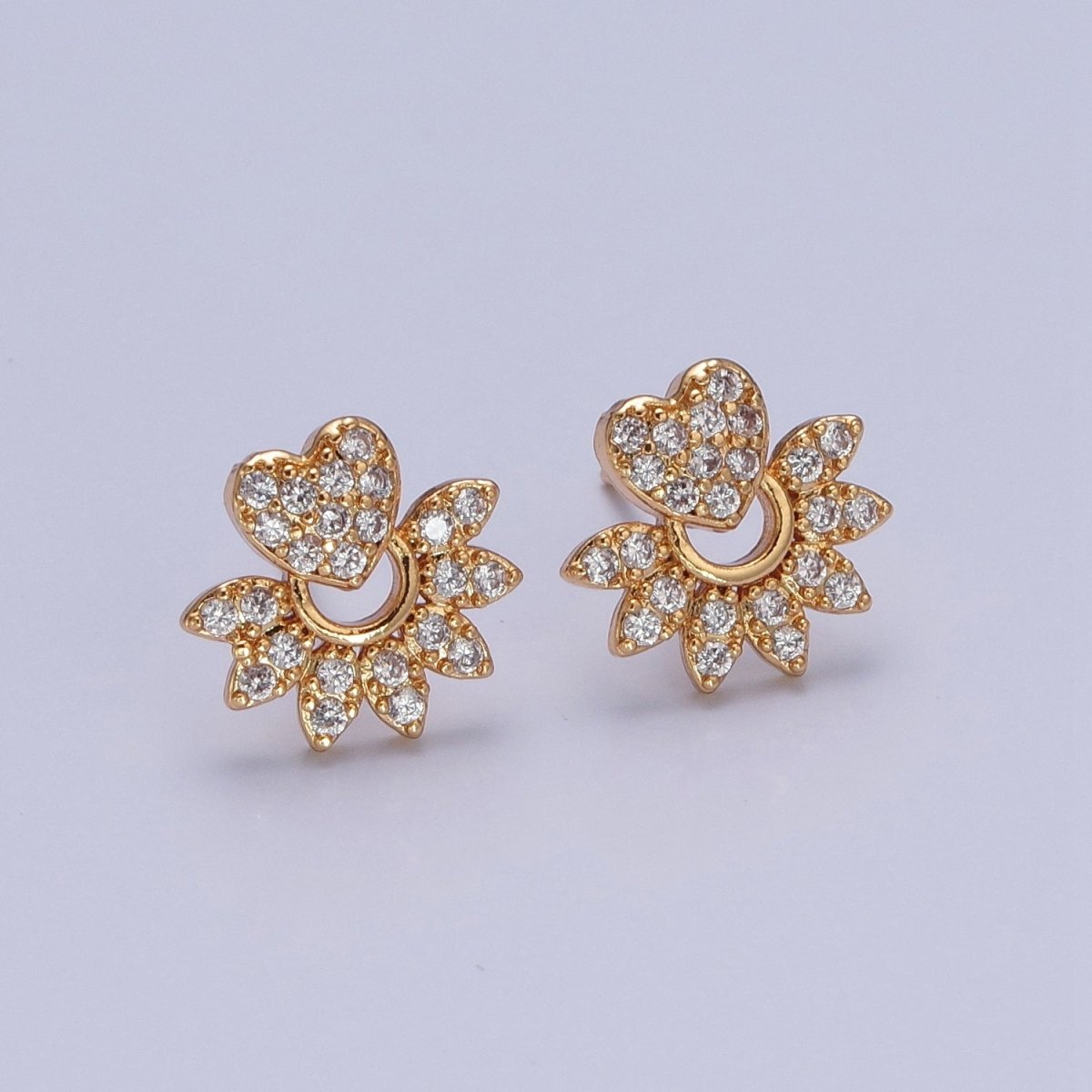 24K Gold plated Micro Pave Heart Sunburst Sun Ray Stud Earrings T-134 - DLUXCA