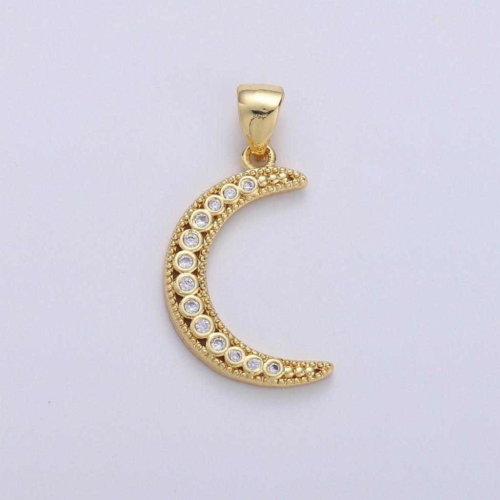 24k Gold plated Micro Pave Moon Charm, Cubic Zirconia Crescent Moon Pendant Charm, Gold plated Charm, For DIY Jewelry D-252 - DLUXCA