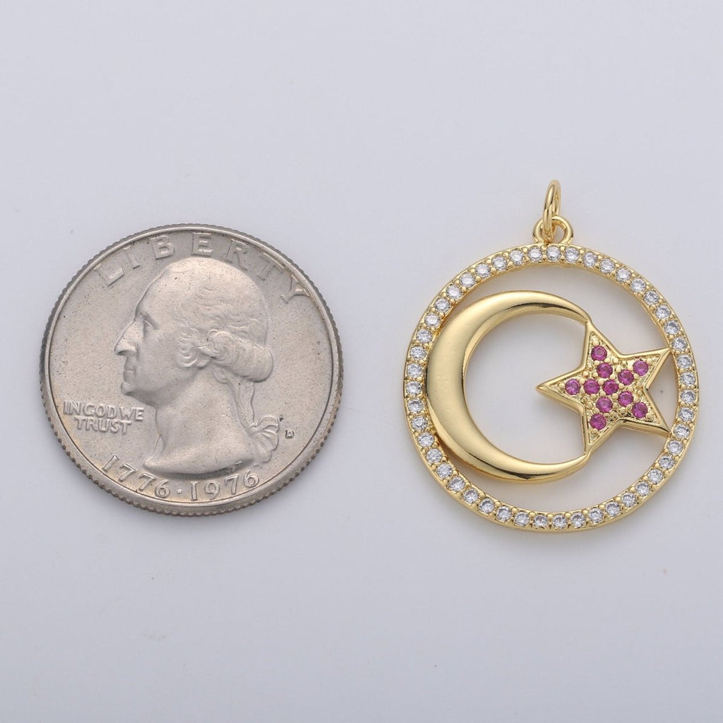 24k Gold plated Micro Pave Moon Charm, Cubic Zirconia Moon Pendant Charm Pink Star Charm Gold plated Charm, For DIY Jewelry D-119 - DLUXCA
