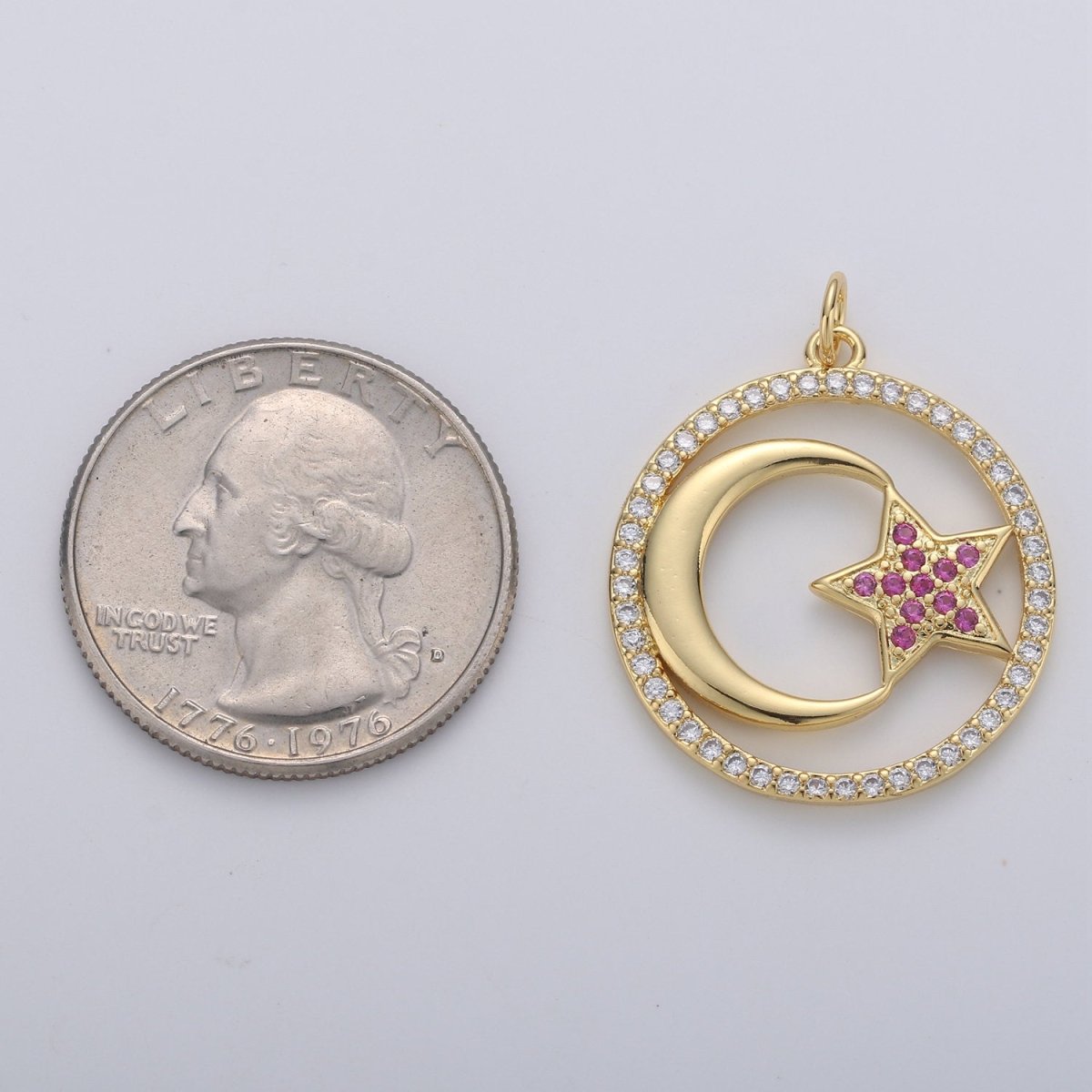 24k Gold plated Micro Pave Moon Charm, Cubic Zirconia Moon Pendant Charm Pink Star Charm Gold plated Charm, For DIY Jewelry D-119 - DLUXCA