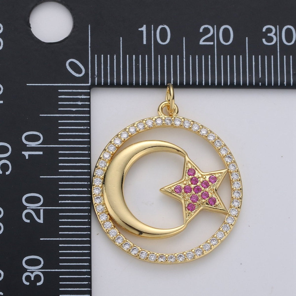 24k Gold plated Micro Pave Moon Charm, Cubic Zirconia Moon Pendant Charm Pink Star Charm Gold plated Charm, For DIY Jewelry D-119 - DLUXCA