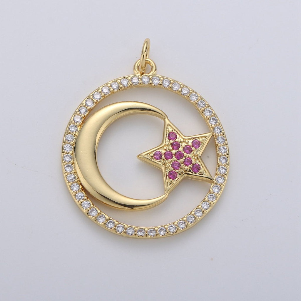 24k Gold plated Micro Pave Moon Charm, Cubic Zirconia Moon Pendant Charm Pink Star Charm Gold plated Charm, For DIY Jewelry D-119 - DLUXCA