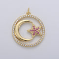 24k Gold plated Micro Pave Moon Charm, Cubic Zirconia Moon Pendant Charm Pink Star Charm Gold plated Charm, For DIY Jewelry D-119 - DLUXCA
