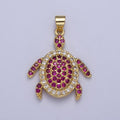 24K Gold plated Micro Pave Ocean Wildlife Turtle Turquoise Pendant, Fuchsia & Clear Cubic Zirconia Sea Animal X-420 - DLUXCA