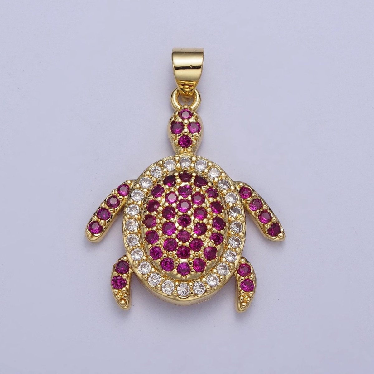 24K Gold plated Micro Pave Ocean Wildlife Turtle Turquoise Pendant, Fuchsia & Clear Cubic Zirconia Sea Animal X-420 - DLUXCA