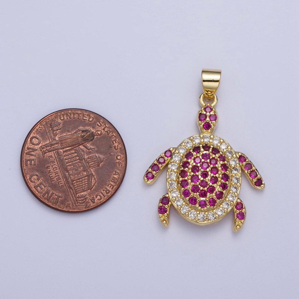 24K Gold plated Micro Pave Ocean Wildlife Turtle Turquoise Pendant, Fuchsia & Clear Cubic Zirconia Sea Animal X-420 - DLUXCA