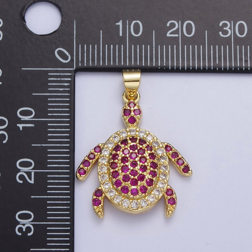 24K Gold plated Micro Pave Ocean Wildlife Turtle Turquoise Pendant, Fuchsia & Clear Cubic Zirconia Sea Animal X-420 - DLUXCA