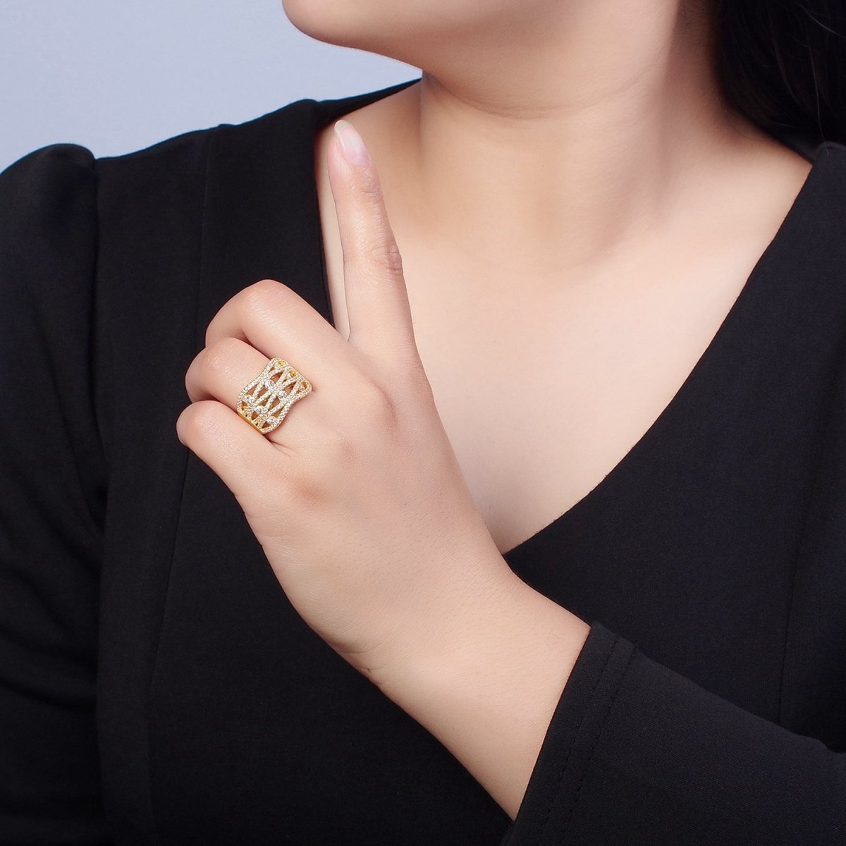 24K Gold plated Micro Pave Signet Ring, Cubic Zirconia CZ Statement Ring in Silver & Gold O-2266 O-2267