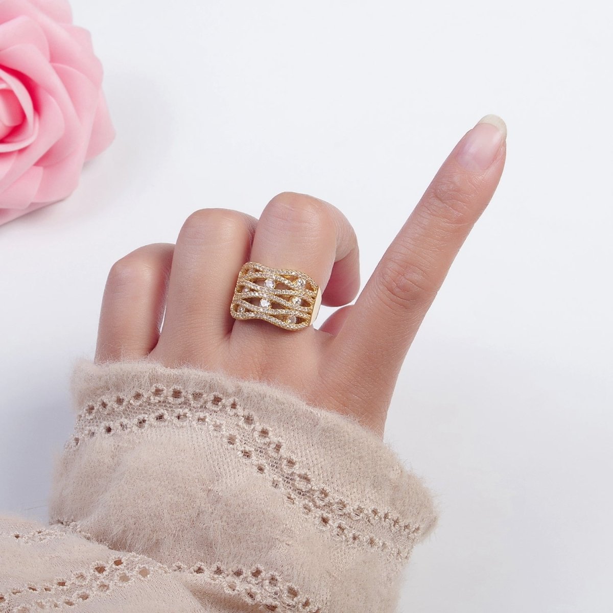 24K Gold plated Micro Pave Signet Ring, Cubic Zirconia CZ Statement Ring in Silver & Gold O-2266 O-2267