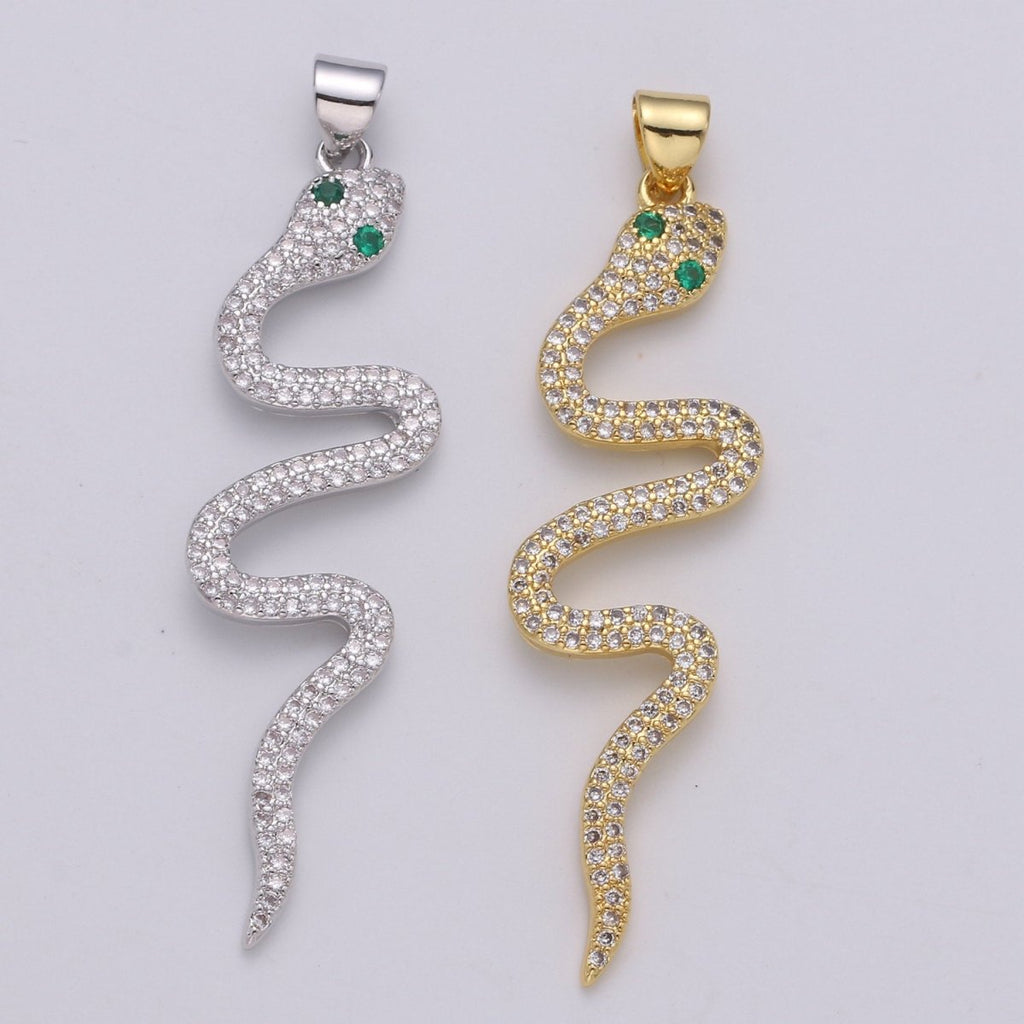 24k Gold plated Micro Pave Snake Charm, Cubic Zirconia Serpent Pendant Charm, Gold plated Charm, Silver Snake Pendant For DIY Jewelry I-807 I-808 - DLUXCA