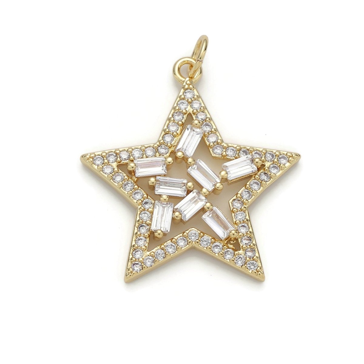 24k Gold plated Micro Pave Star Charm, Cubic Zirconia Star Pendant Charm, Gold plated Charm, For DIY Jewelry D-041 - DLUXCA