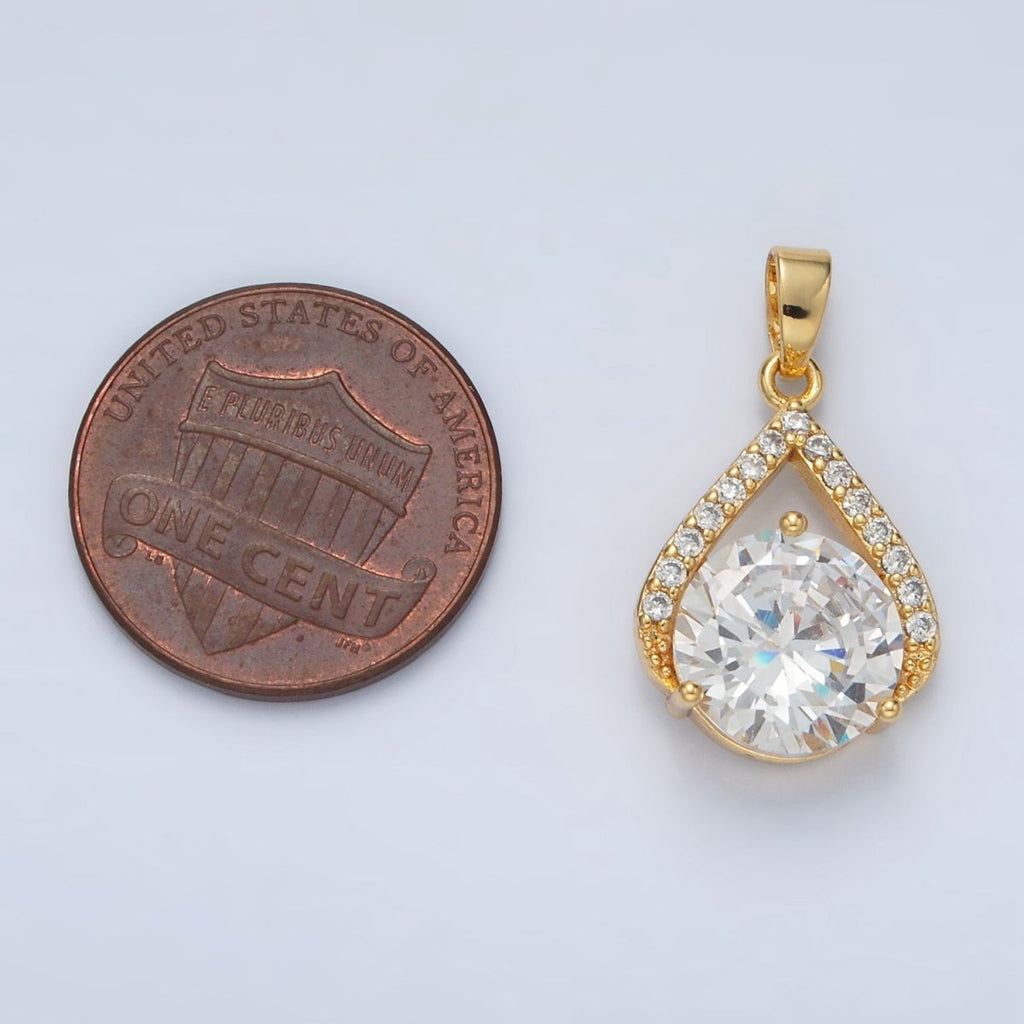 24K Gold plated Micro Paved Clear CZ Teardrop Shaped Pendant | AA - 1422 - DLUXCA
