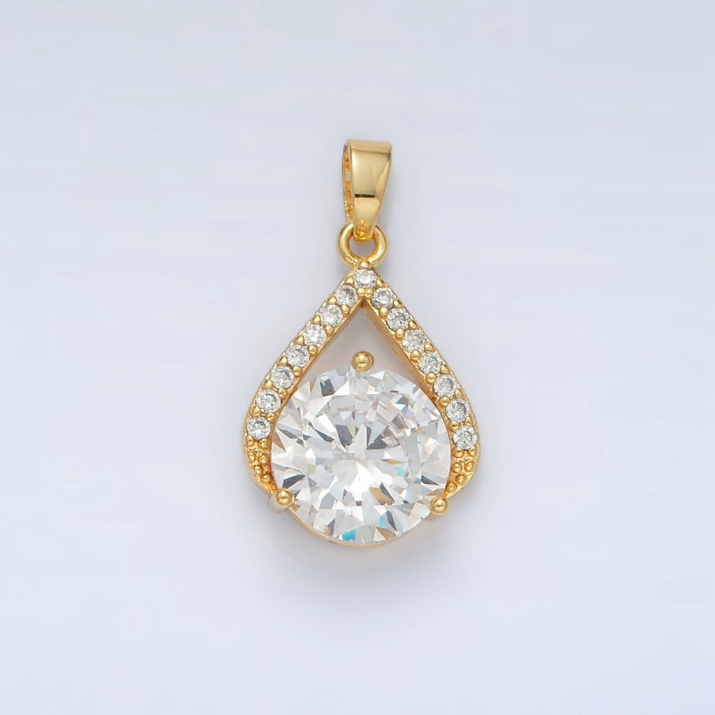 24K Gold plated Micro Paved Clear CZ Teardrop Shaped Pendant | AA - 1422 - DLUXCA