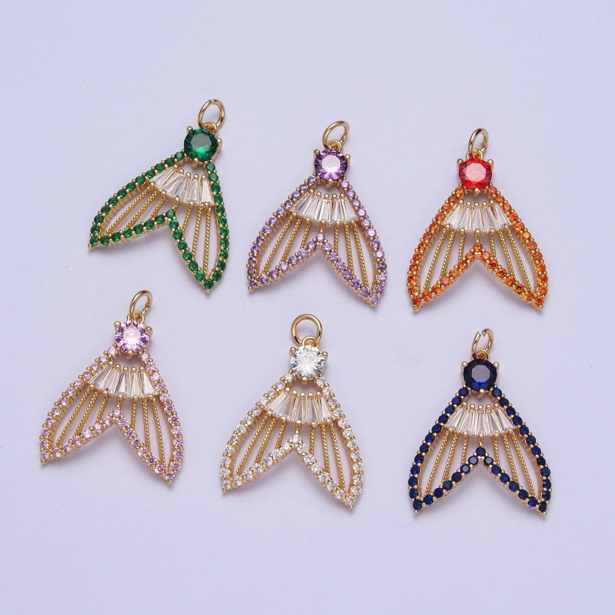 24K Gold plated Micro Paved Clear, Pink, Green, Purple, Orange, Blue Geometric Nautical Whale Tail Charm | X-188 - X-193