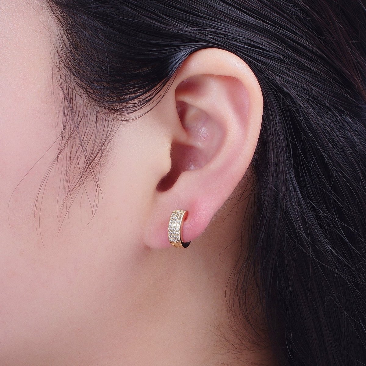 24K Gold plated Micro Paved Cubic Zirconia Wide Huggie Hoop Earrings | T-106 - DLUXCA
